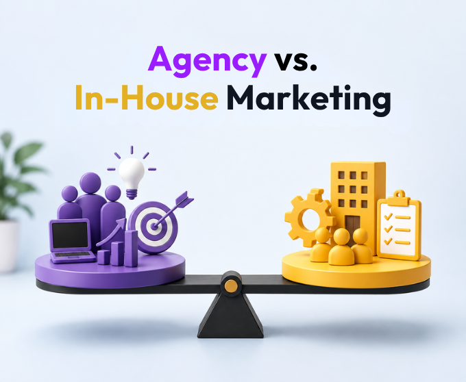 Split comparison graphic showing a small in-house marketing team versus a marketing agency's wider network of specialists